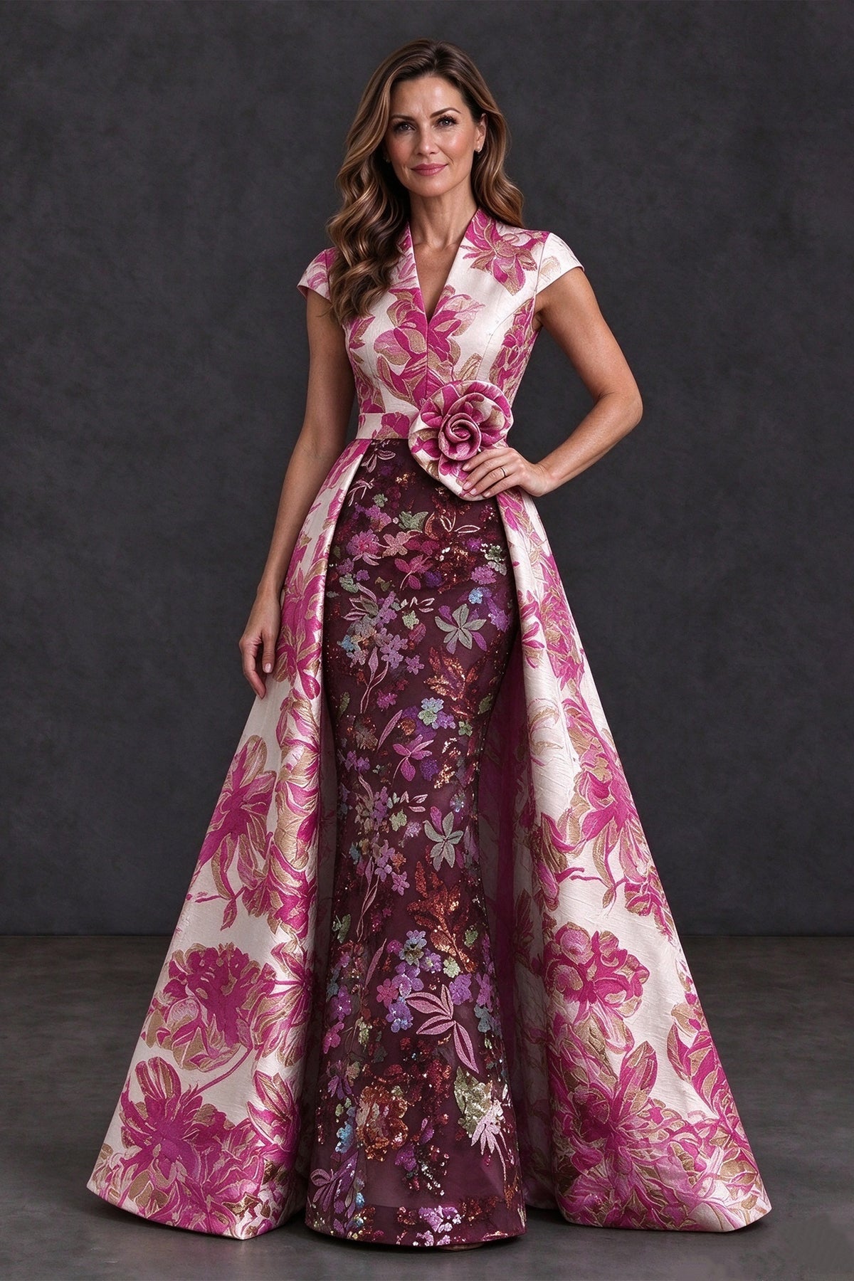 BOLODOO Hot Pink Floral Jacquard V-Neck Mother of the Bride Dress - Hot Pink - Hot Pink (4)