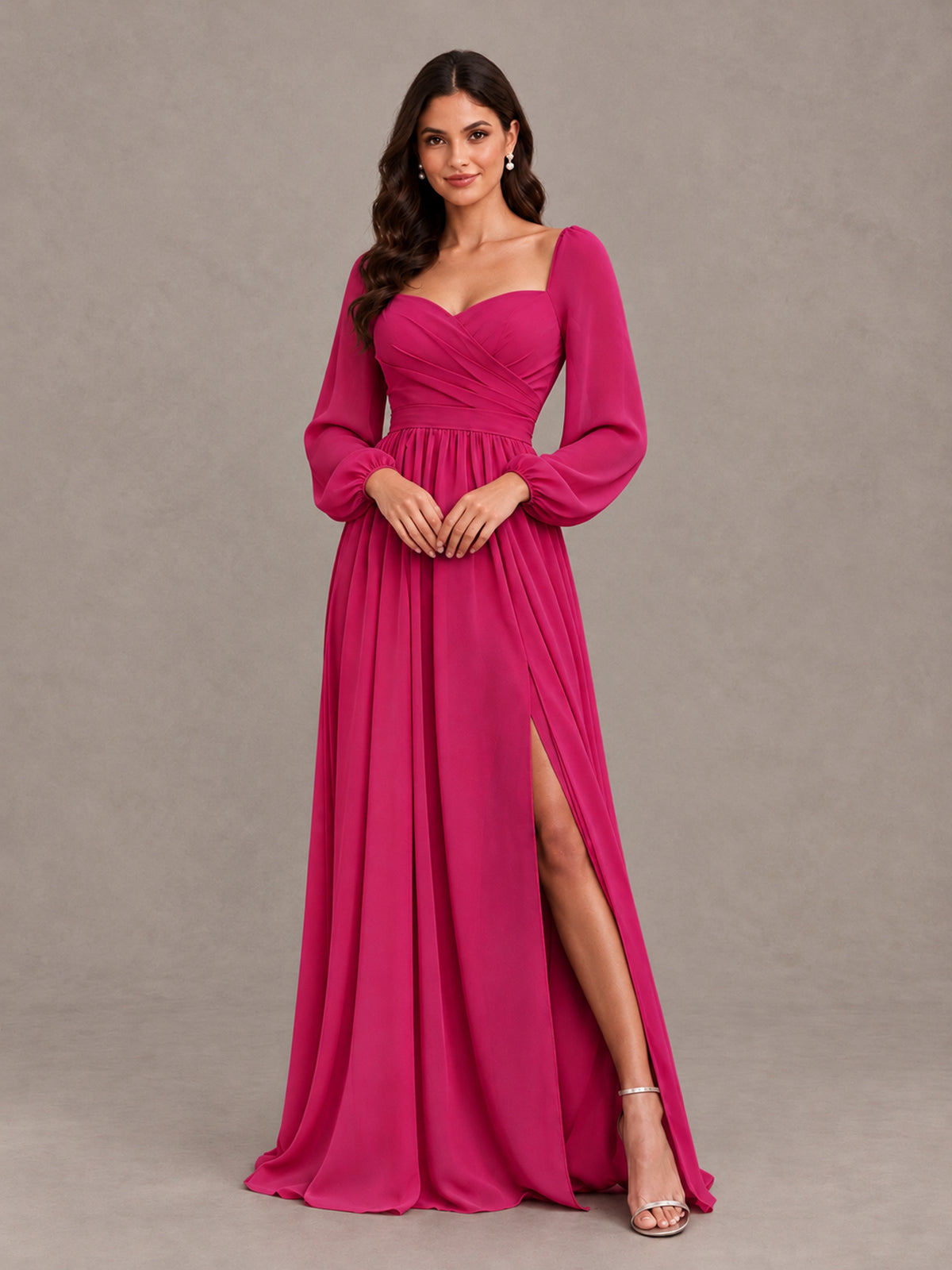 BOLODOO Hot Pink Long Sleeve Chiffon Bridesmaid Dress with Slit - Hot Pink - Hot Pink (4)