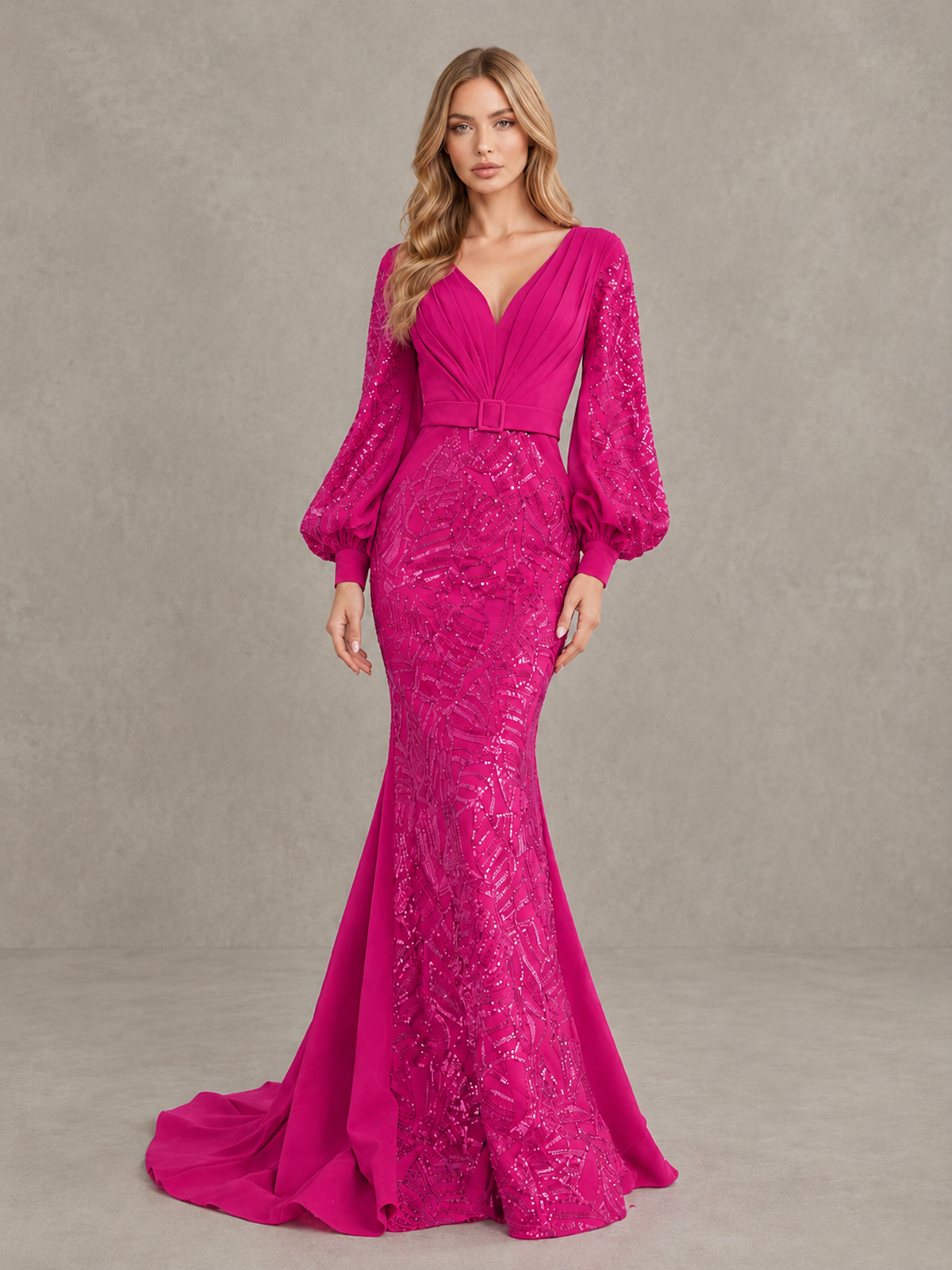 BOLODOO Hot Pink Sequin Long Bishop Sleeve Mermaid Evening Dress - Hot Pink - Hot Pink (4)