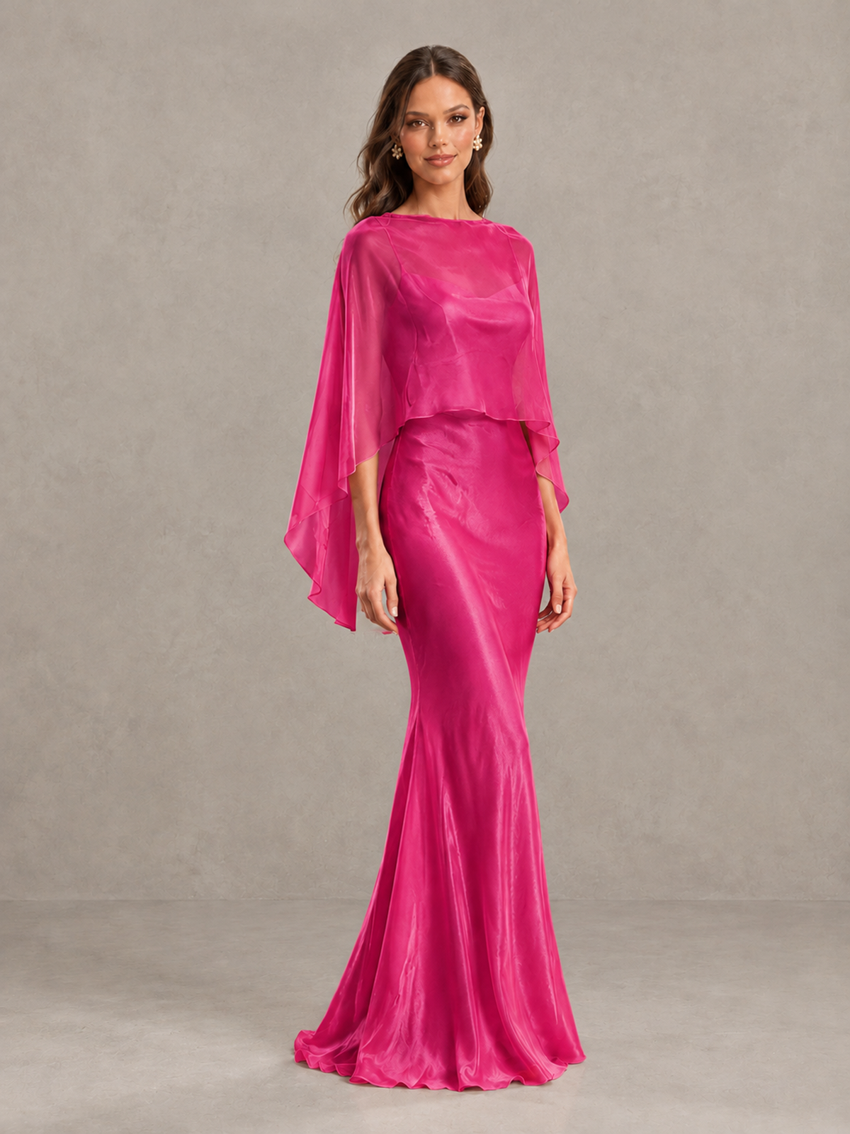 BOLODOO Hot Pink Satin Mermaid Bridesmaid Dress with Chiffon Cape - Hot Pink - Hot Pink (4)