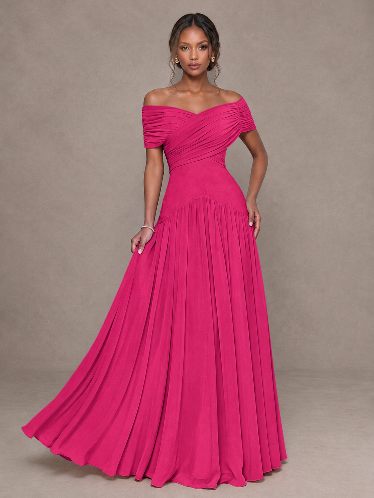 BOLODOO Hot Pink Off-Shoulder Ruched A-Line Bridesmaid Dress - Hot Pink - Hot Pink (4)