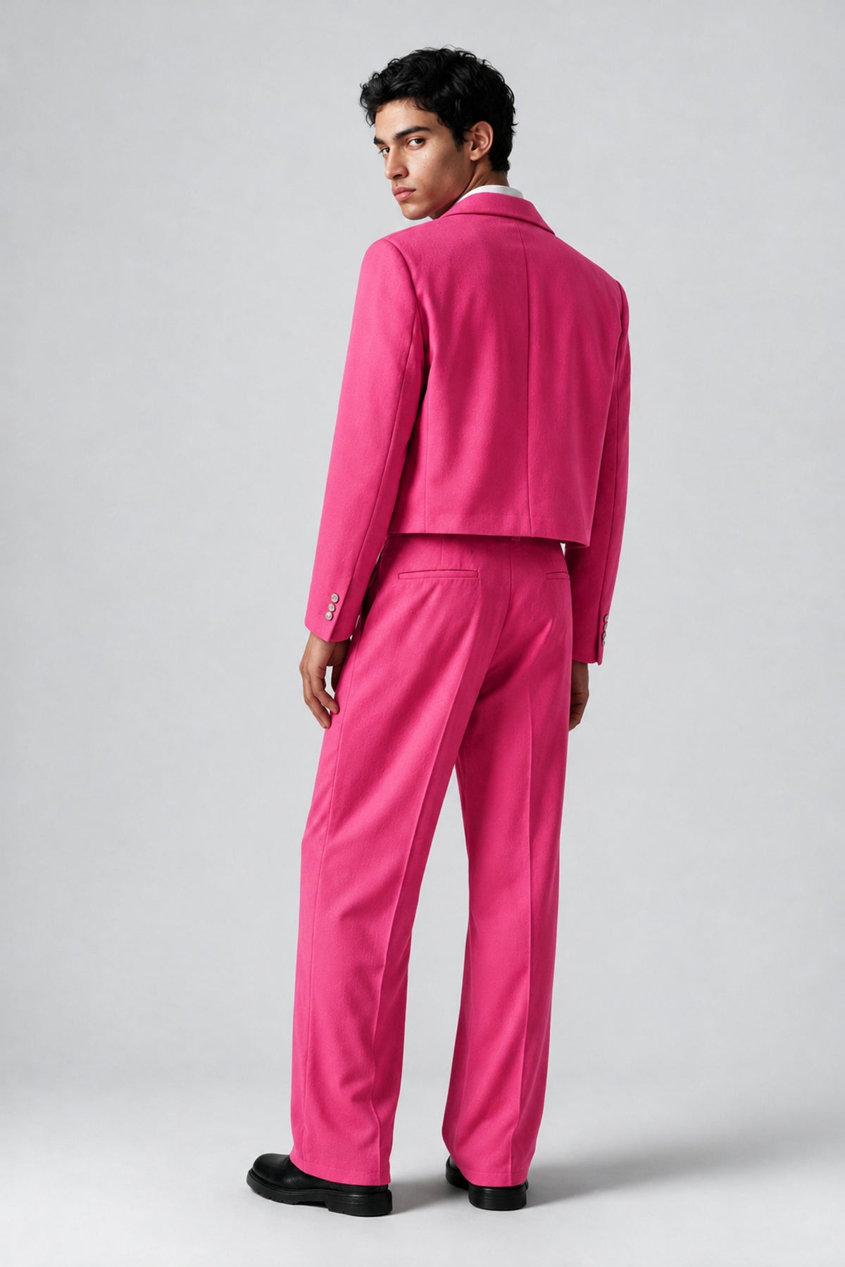 Bolodoo Men's Hot Pink Cropped Blazer & Wide-Leg Trousers 2-Piece Suit - Hot_Pink - Hot_Pink (4)