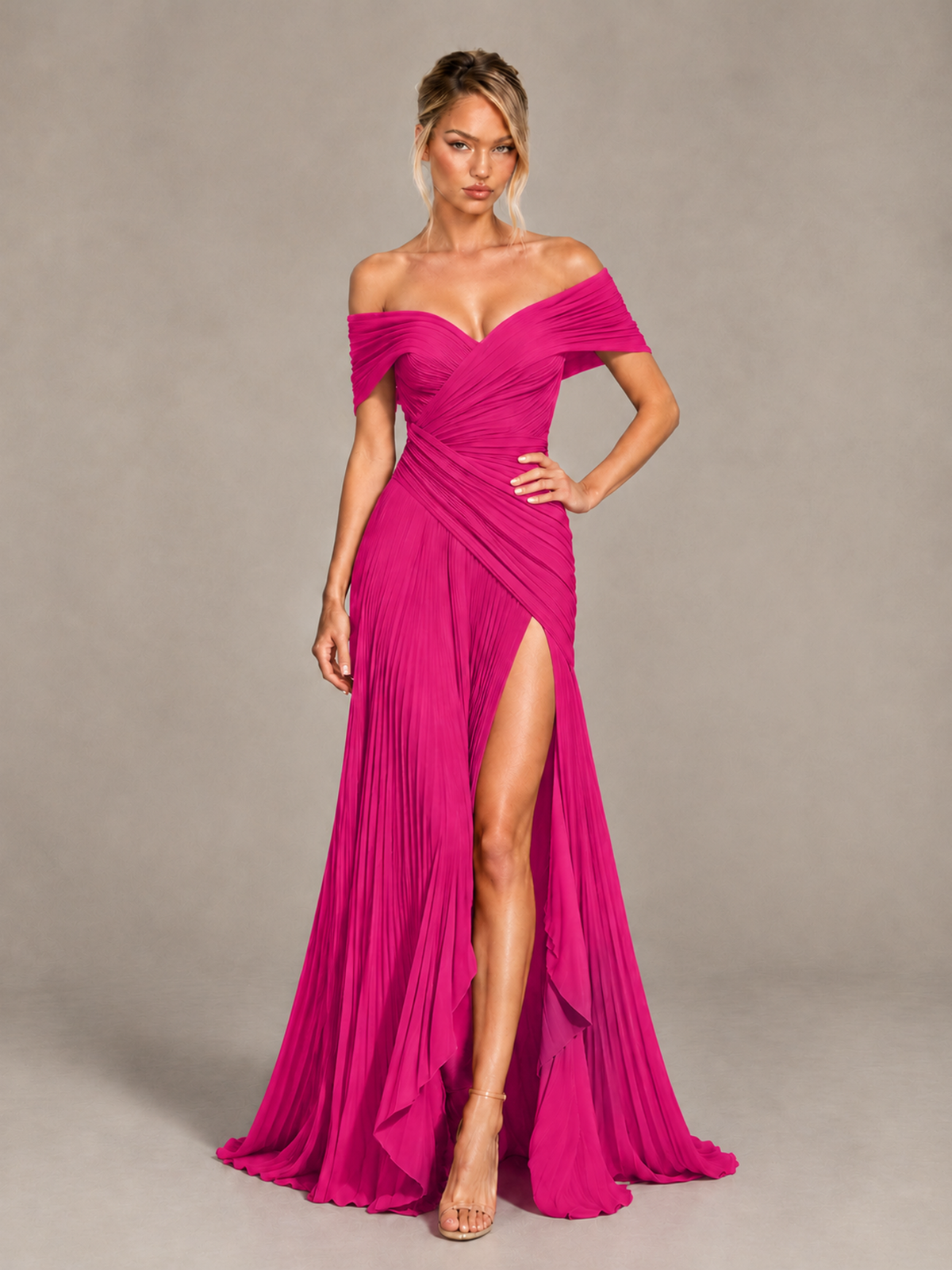 BOLODOO Hot Pink Off-Shoulder Ruched Pleated Maxi Dress with High Slit - Hot Pink - Hot Pink (4)