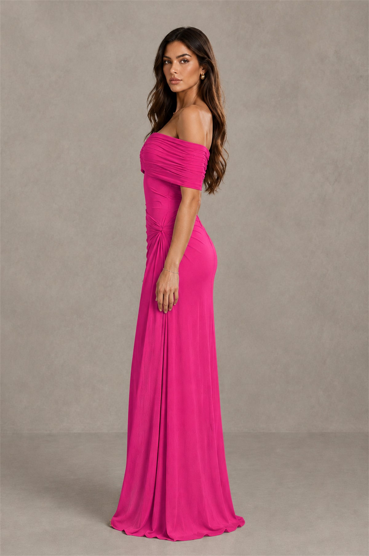 BOLODOO Hot Pink Off-Shoulder Ruched Maxi Dress - Hot Pink