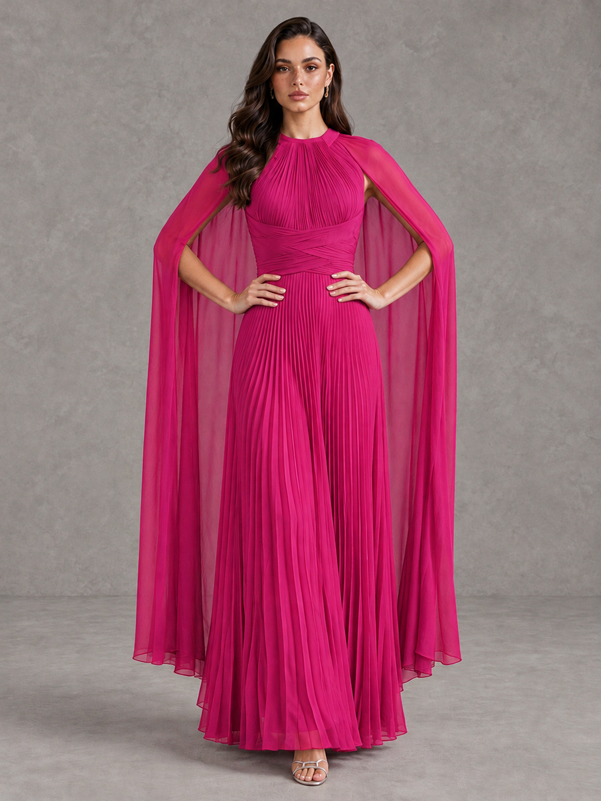 BOLODOO Hot Pink Pleated Cape Maxi Wedding Guest Dress - Hot Pink - Hot Pink (4)