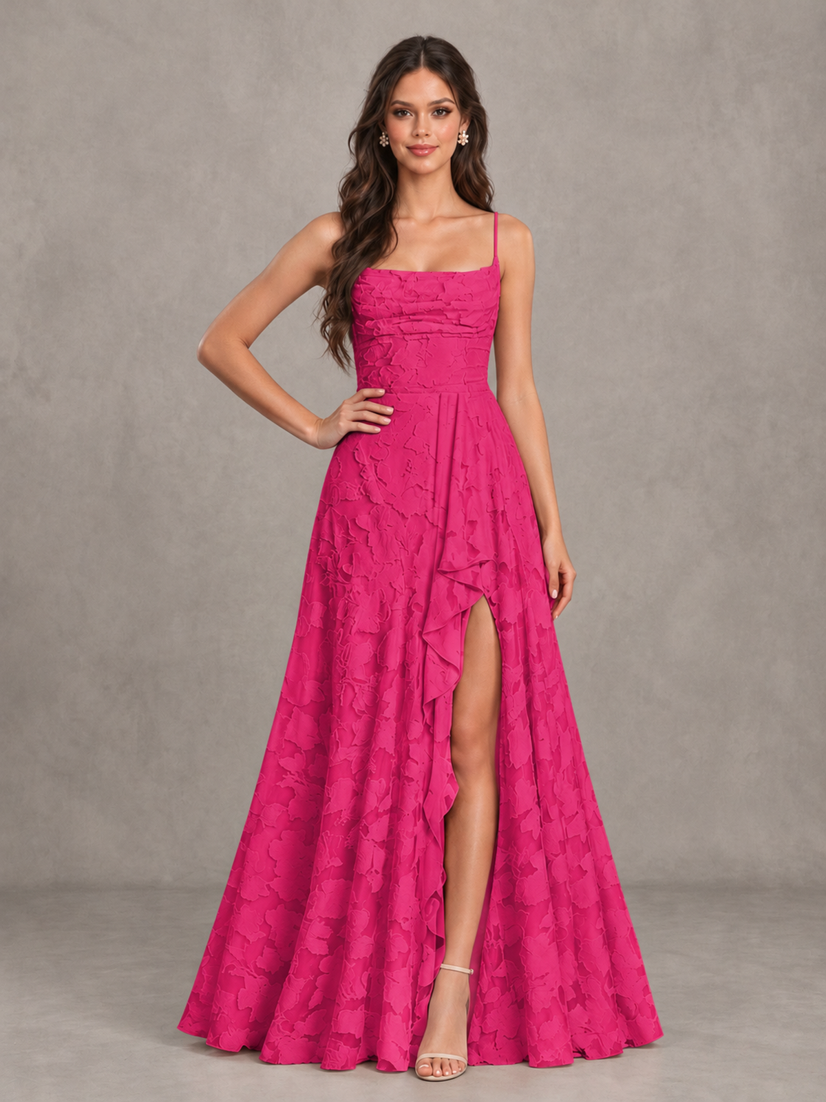 BOLODOO Hot Pink Floral Appliqué Slit Maxi Dress - Hot Pink - Hot Pink (4)