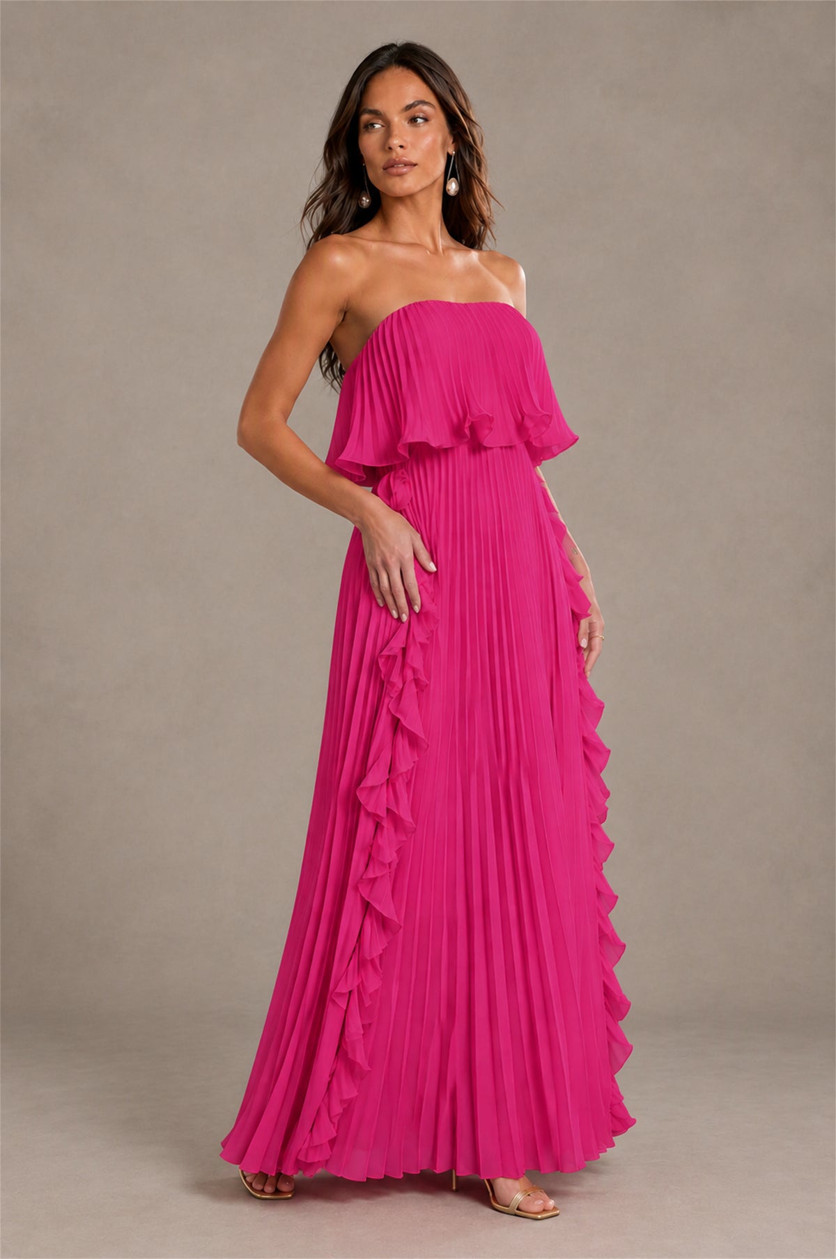 BOLODOO Hot Pink Strapless Ruffle Bodice Dual Cascading Ruffle Accordion Pleated Chiffon Maxi Dress - Hot Pink