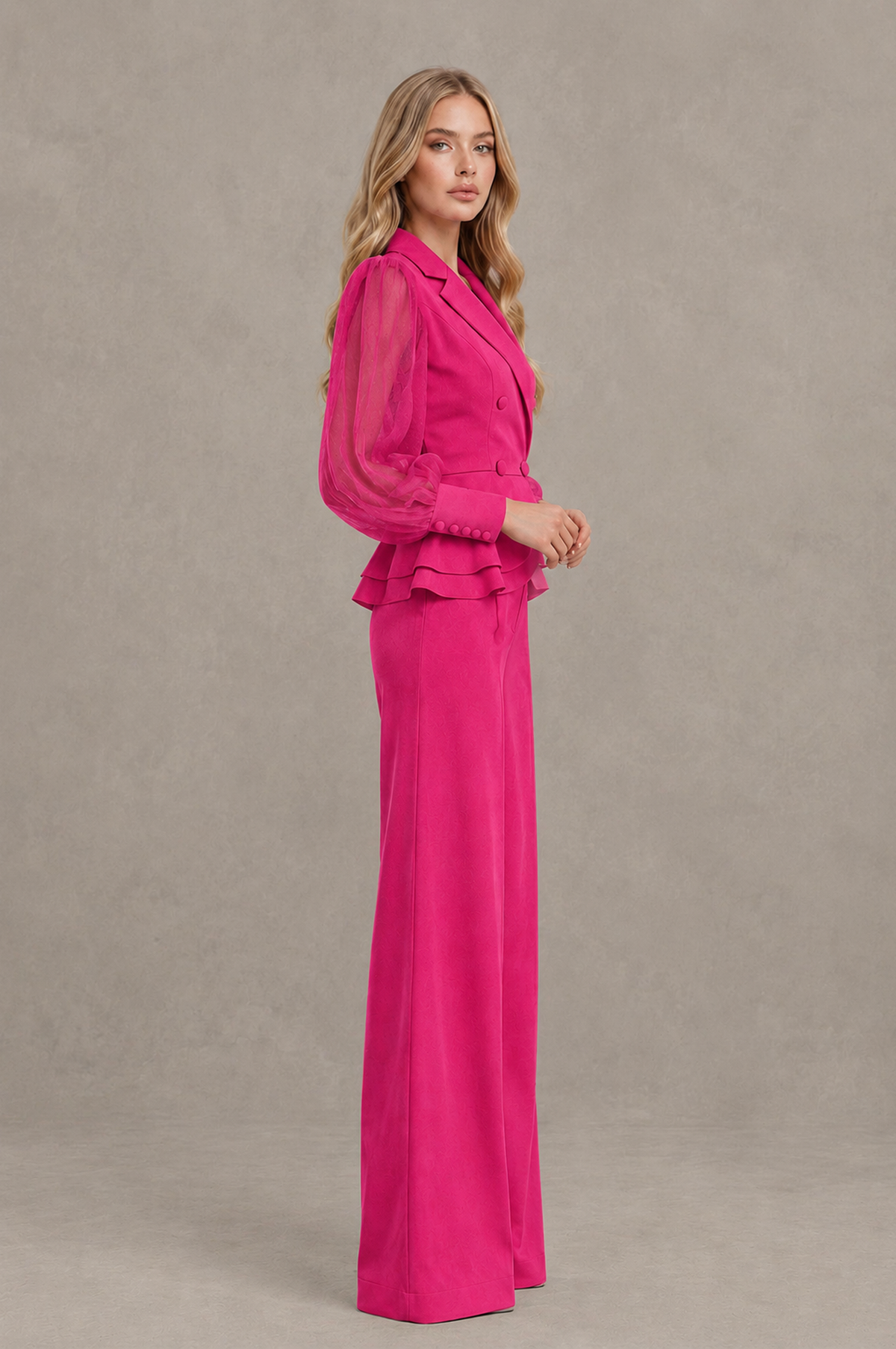 BOLODOO Mint Hot Pink Peplum Blazer Wide-Leg Pantsuit with Sheer Puff Sleeves - Hot Pink
