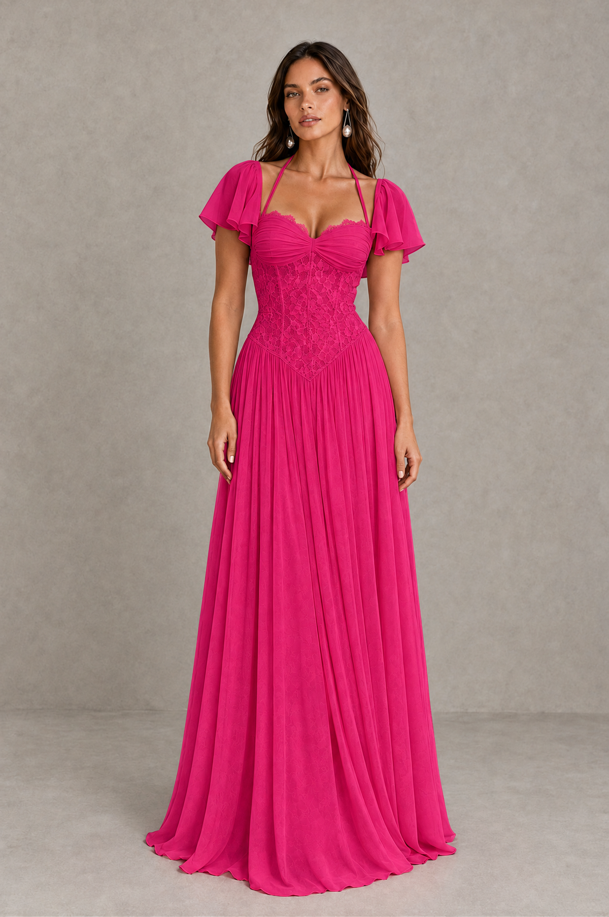BOLODOO Hot Pink Flutter Sleeve Lace Corset A-Line Maxi Dress 
