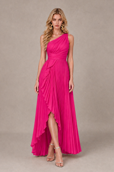 BOLODOO Hot Pink One-Shoulder High-Low Ruffle Maxi Dress 