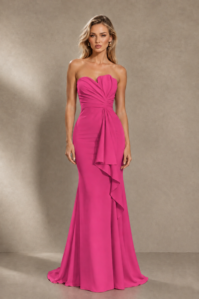 BOLODOO Hot Pink Strapless Sweetheart Ruched Mermaid Gown | Cascade Drape Formal Evening Dress 
