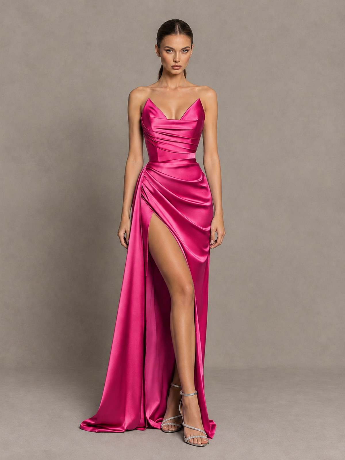 BOLODOO Hot Pink Strapless Satin High-Slit Lace-Up Prom Dress 