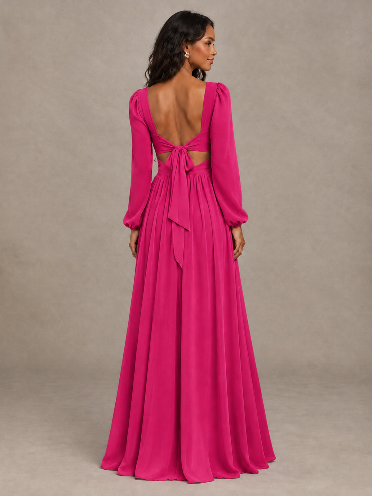 BOLODOO Hot Pink V-Neck Long Sleeve Bridesmaid Dress with Tie Back and Slit 