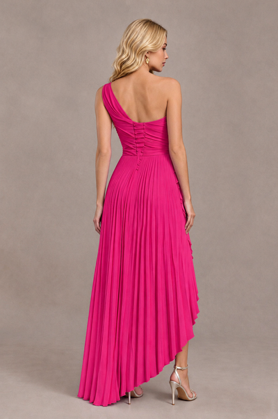 BOLODOO Hot Pink One-Shoulder High-Low Ruffle Maxi Dress 
