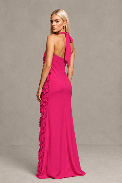 BOLODOO Hot Pink Cross Halter Neck 3D Floral Appliqué Backless Mermaid Maxi Gown 