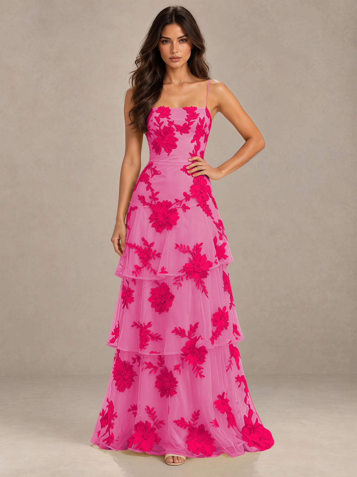BOLODOO Hot pink Floral Applique Tiered Prom Dress with Lace-Up Back - Hot pink - Hot pink-1