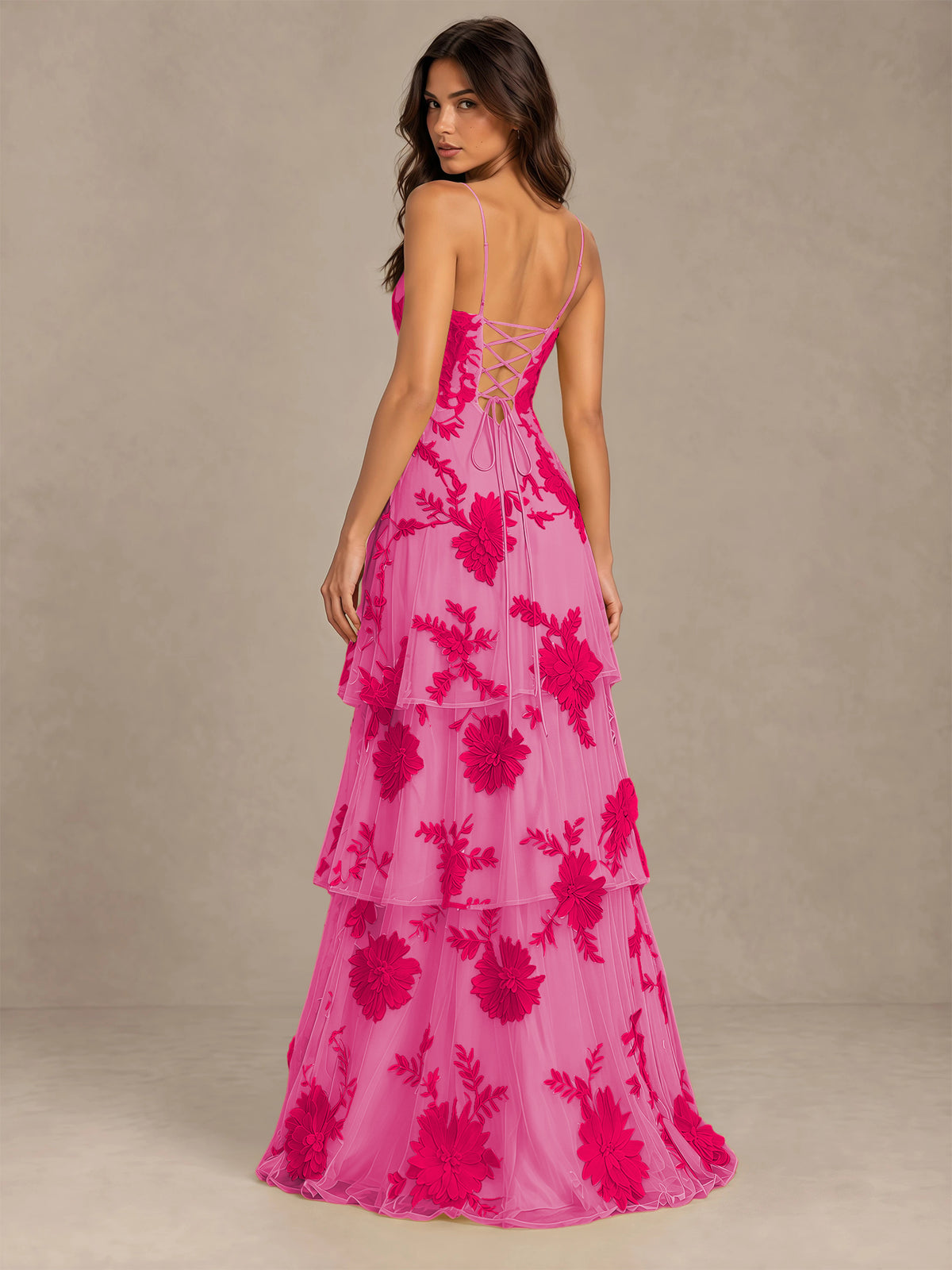 BOLODOO Hot pink Floral Applique Tiered Prom Dress with Lace-Up Back - Hot pink - Hot pink-2