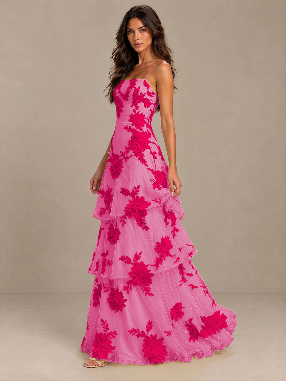 BOLODOO Hot pink Floral Applique Tiered Prom Dress with Lace-Up Back - Hot pink - Hot pink-3