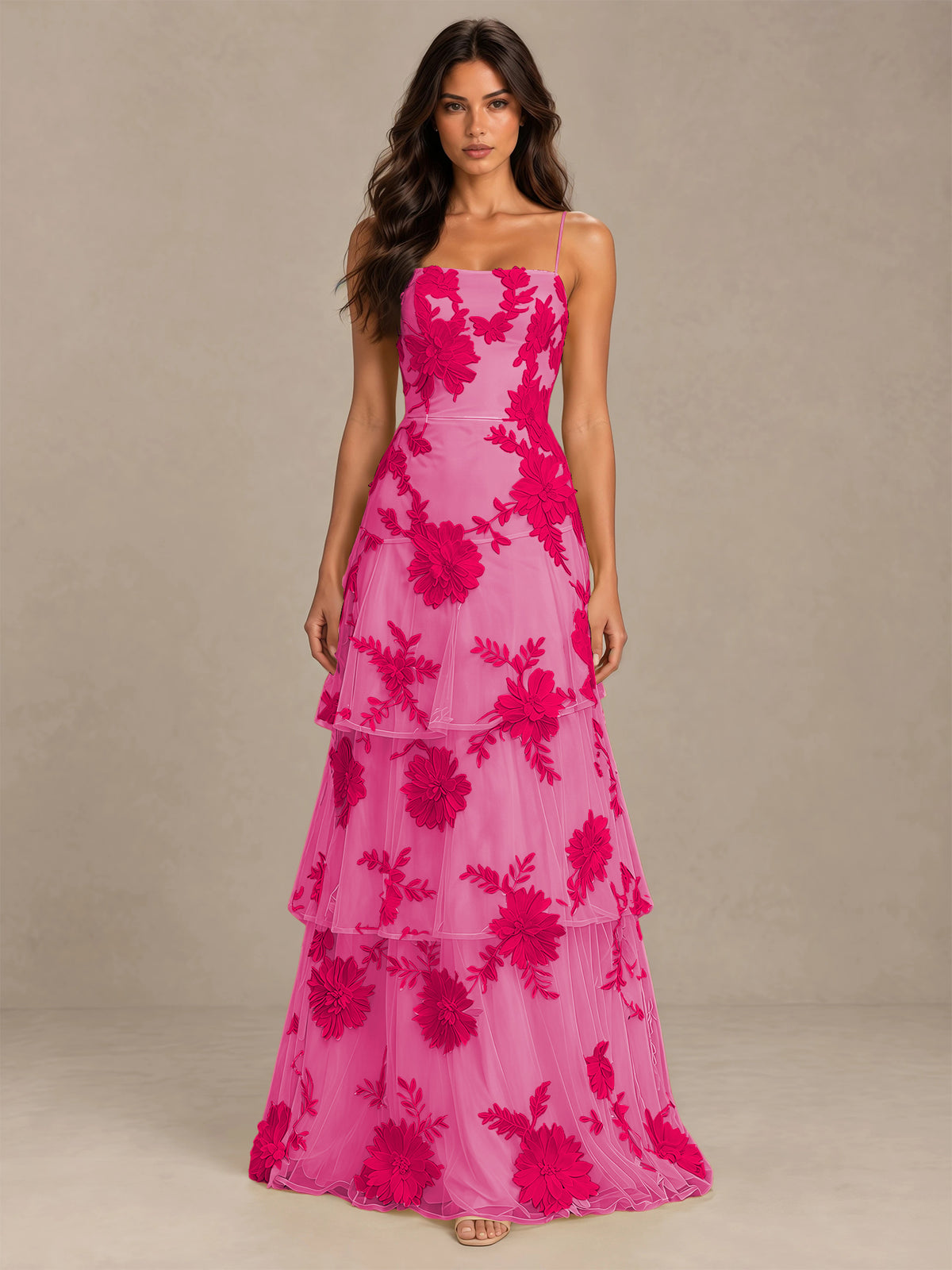 BOLODOO Hot pink Floral Applique Tiered Prom Dress with Lace-Up Back - Hot pink - Hot pink-4