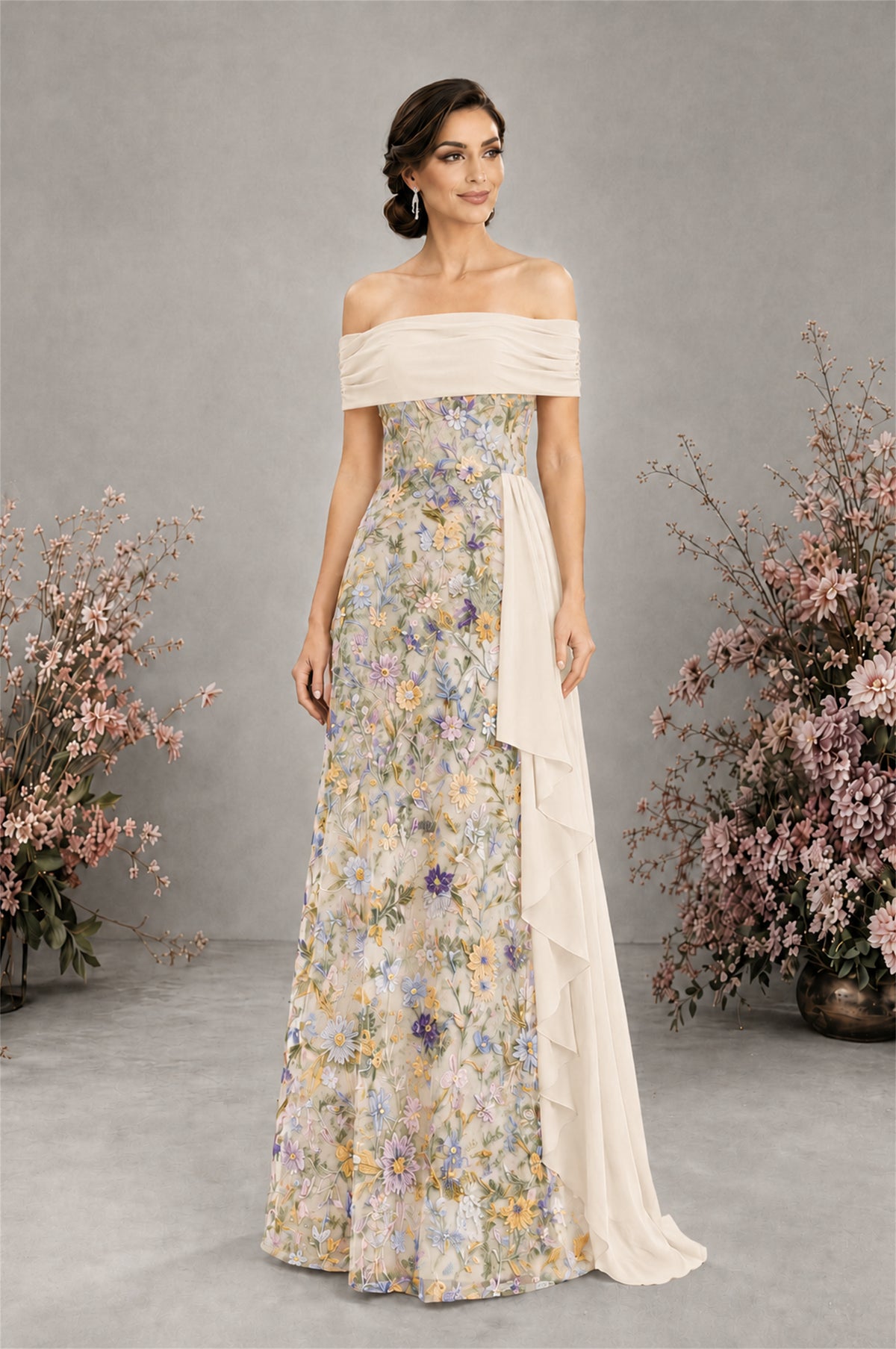 BOLODOO Ivory 1 Floral Embroidered Off-Shoulder A-Line Floor Length Gown | Mother of the Bride & Evening - Ivory-1 - Ivory-1 (1)