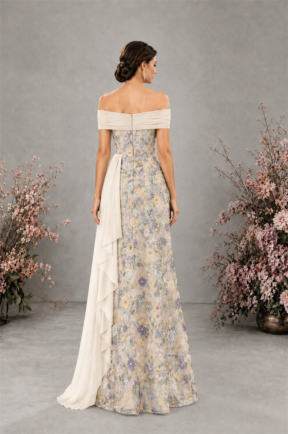BOLODOO Ivory 1 Floral Embroidered Off-Shoulder A-Line Floor Length Gown | Mother of the Bride & Evening - Ivory-1 - Ivory-1 (2)