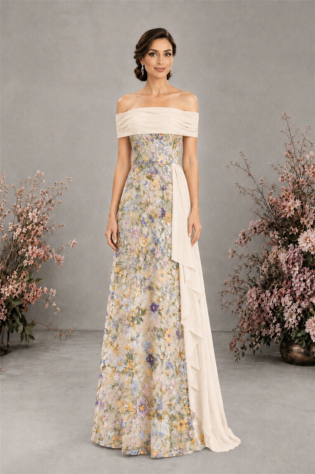 BOLODOO Ivory 1 Floral Embroidered Off-Shoulder A-Line Floor Length Gown | Mother of the Bride & Evening - Ivory-1 - Ivory-1 (3)