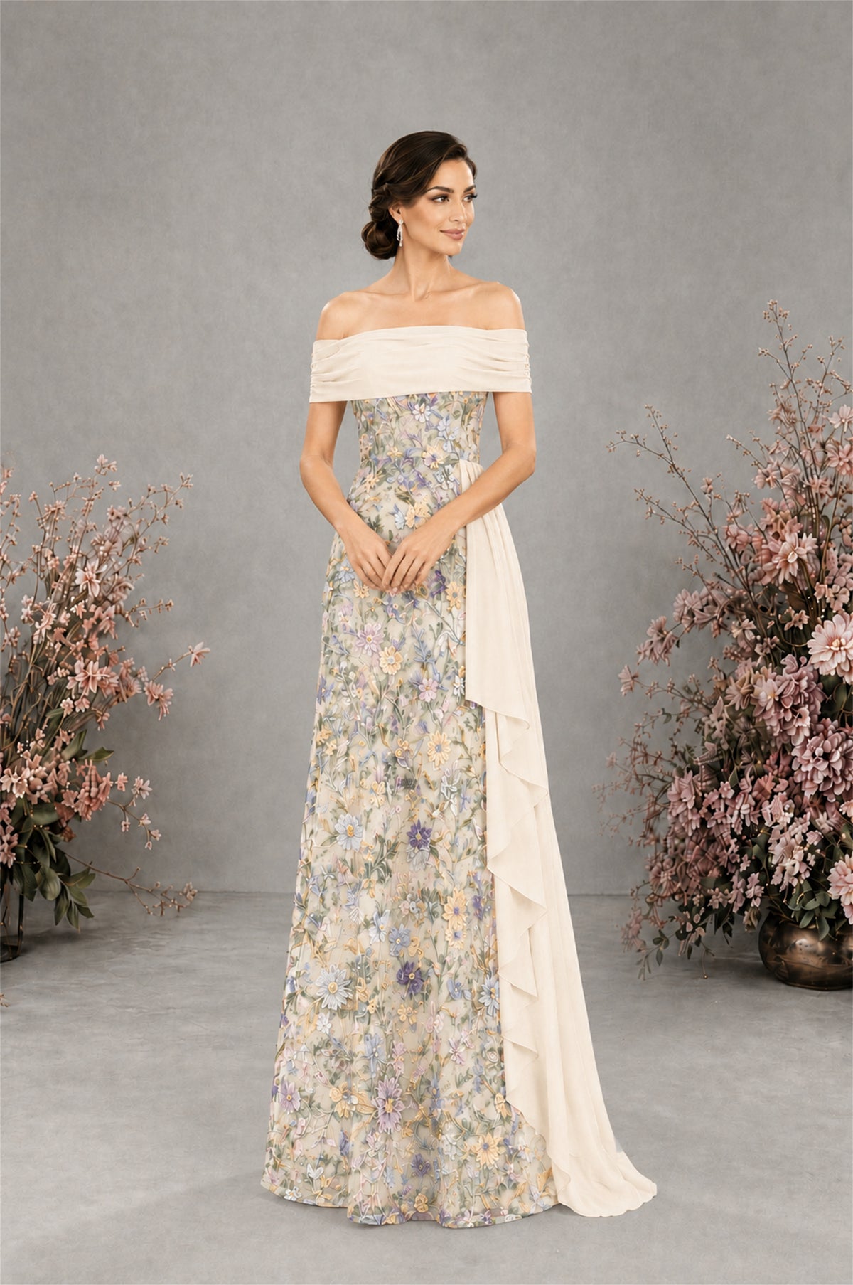 BOLODOO Ivory 1 Floral Embroidered Off-Shoulder A-Line Floor Length Gown | Mother of the Bride & Evening - Ivory-1 - Ivory-1 (4)