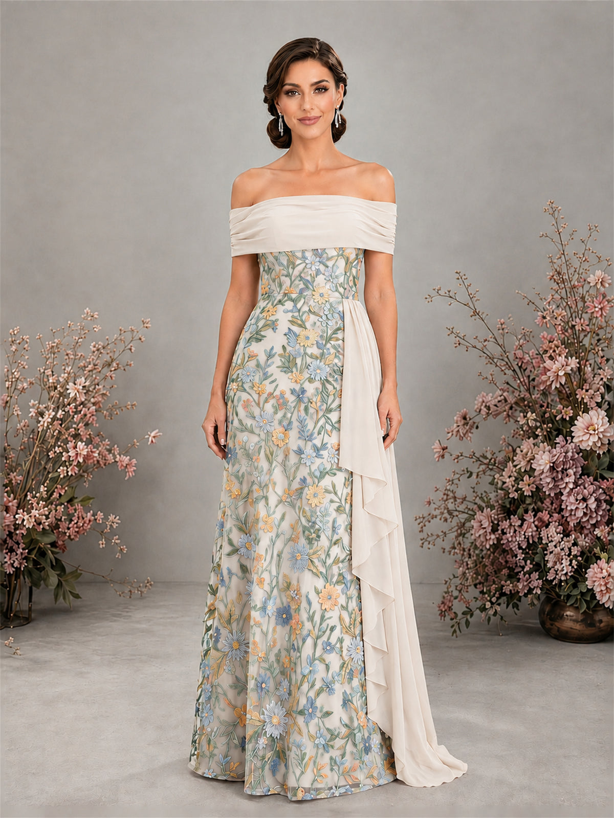 BOLODOO Ivory 2 Floral Embroidered Off-Shoulder A-Line Floor Length Gown | Mother of the Bride & Evening - Ivory-2 - Ivory-2 (1)