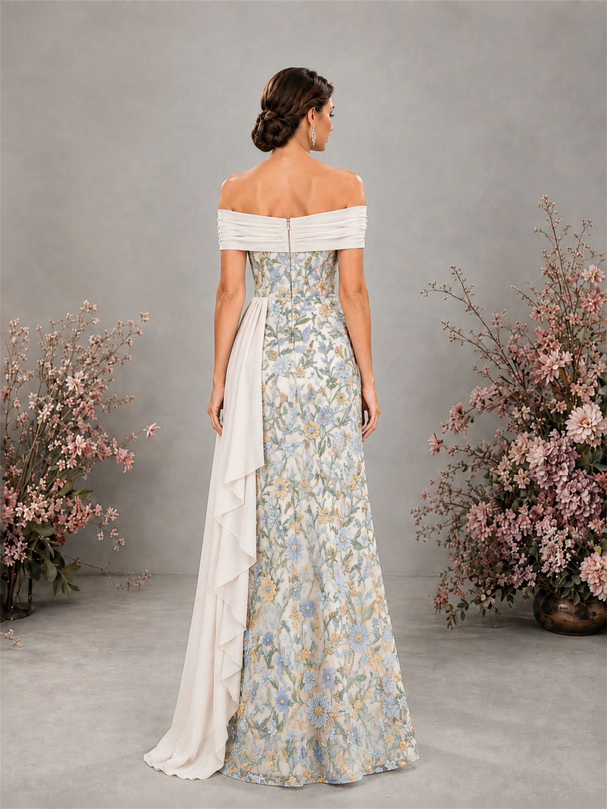 BOLODOO Ivory 2 Floral Embroidered Off-Shoulder A-Line Floor Length Gown | Mother of the Bride & Evening - Ivory-2 - Ivory-2 (2)