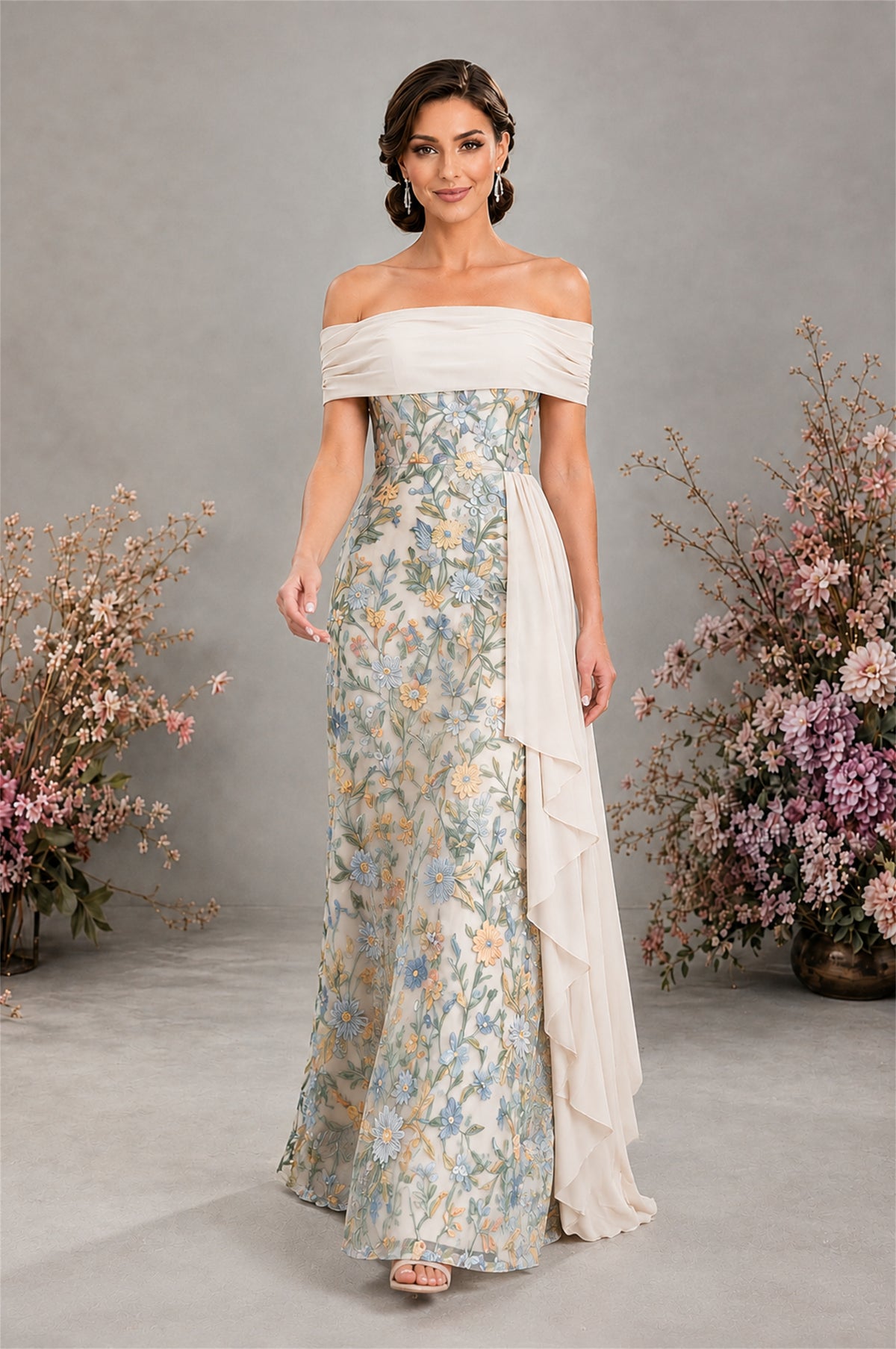 BOLODOO Ivory 2 Floral Embroidered Off-Shoulder A-Line Floor Length Gown | Mother of the Bride & Evening - Ivory-2 - Ivory-2 (3)