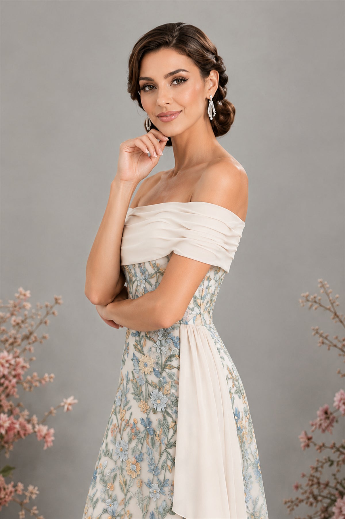 BOLODOO Ivory 2 Floral Embroidered Off-Shoulder A-Line Floor Length Gown | Mother of the Bride & Evening - Ivory-2 - Ivory-2 (4)