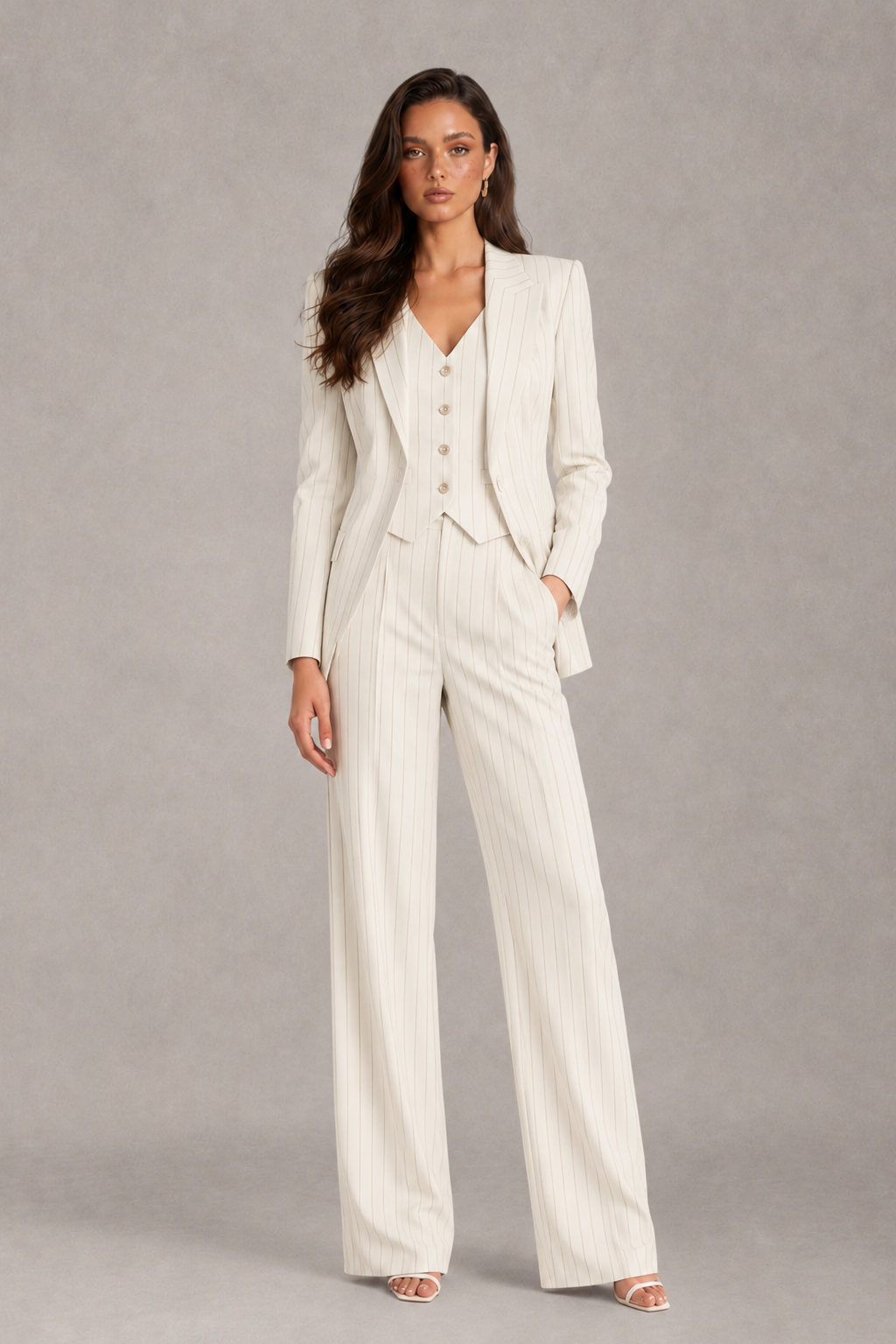 BOLODOO Women's Ivory Pinstripe Three-Piece Pantsuit with Wide-Leg Trousers - Ivory - Ivory_01