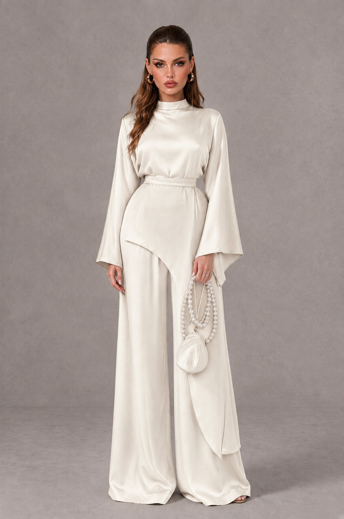 BOLODOO Ivory Satin-Look Long Sleeve Wide-Leg Jumpsuit - Ivory - Ivory_01