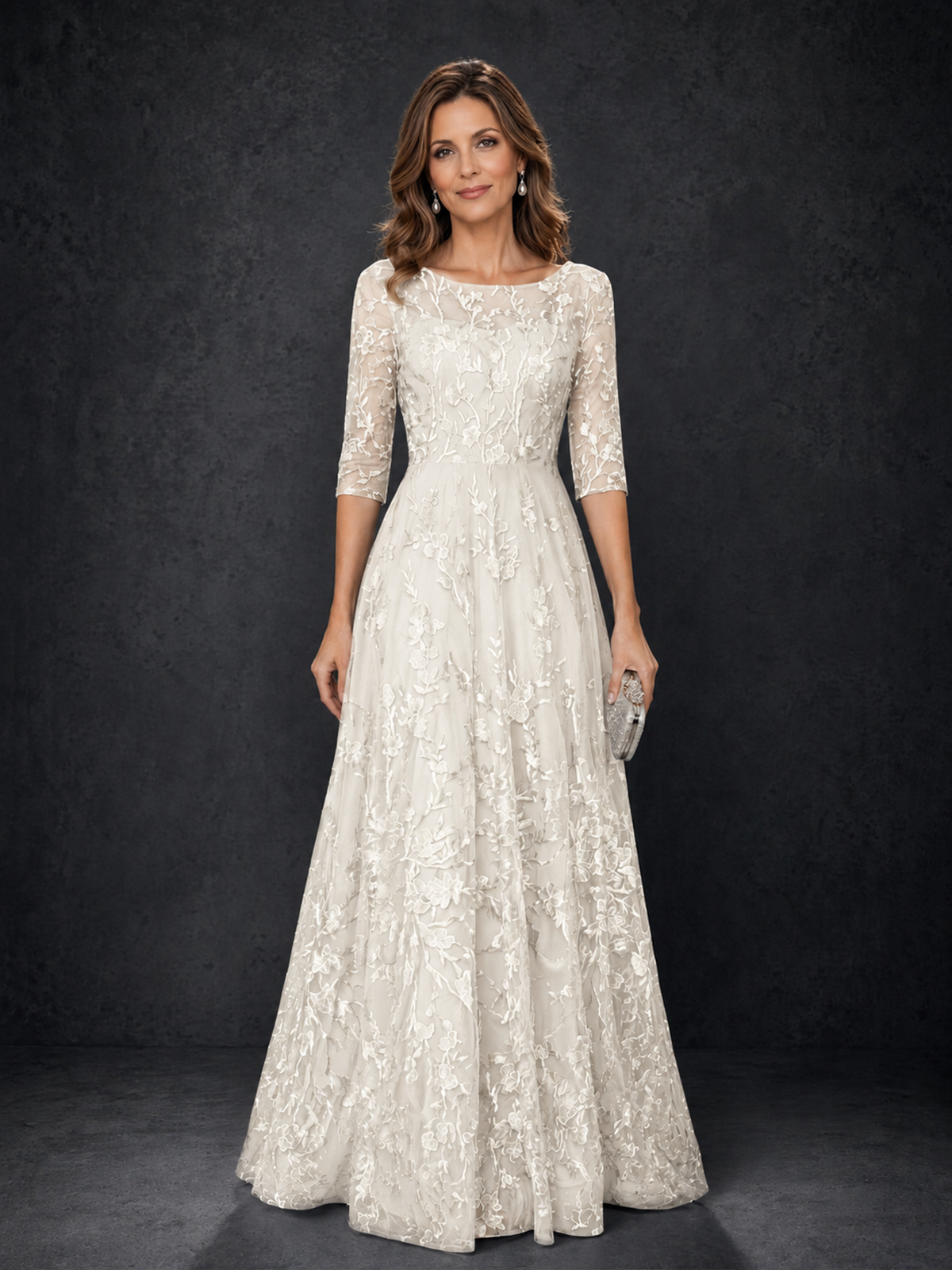BOLODOO Ivory Illusion Bateau Neck 3/4 Sleeve Floral Lace A-Line Mother of the Bride Dress MX007 - Ivory - Ivory_01