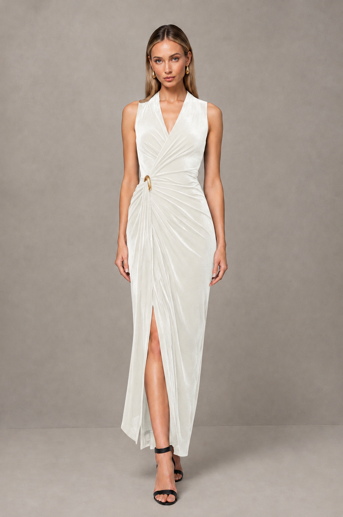 BOLODOO Ivory Velvet-Look Sleeveless V-Neck Ruched Slit Maxi Dress - Ivory - Ivory_01