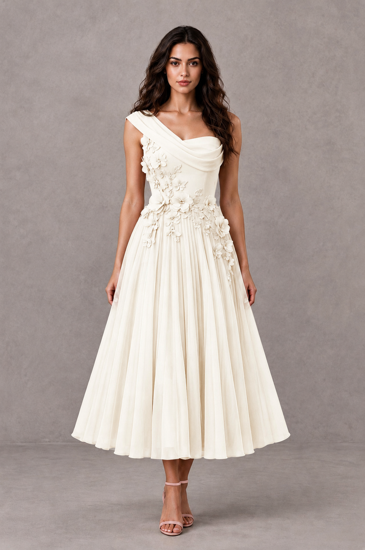 BOLODOO Ivory One-Shoulder Floral Tulle Tea-Length Dress - Ivory - Ivory_01