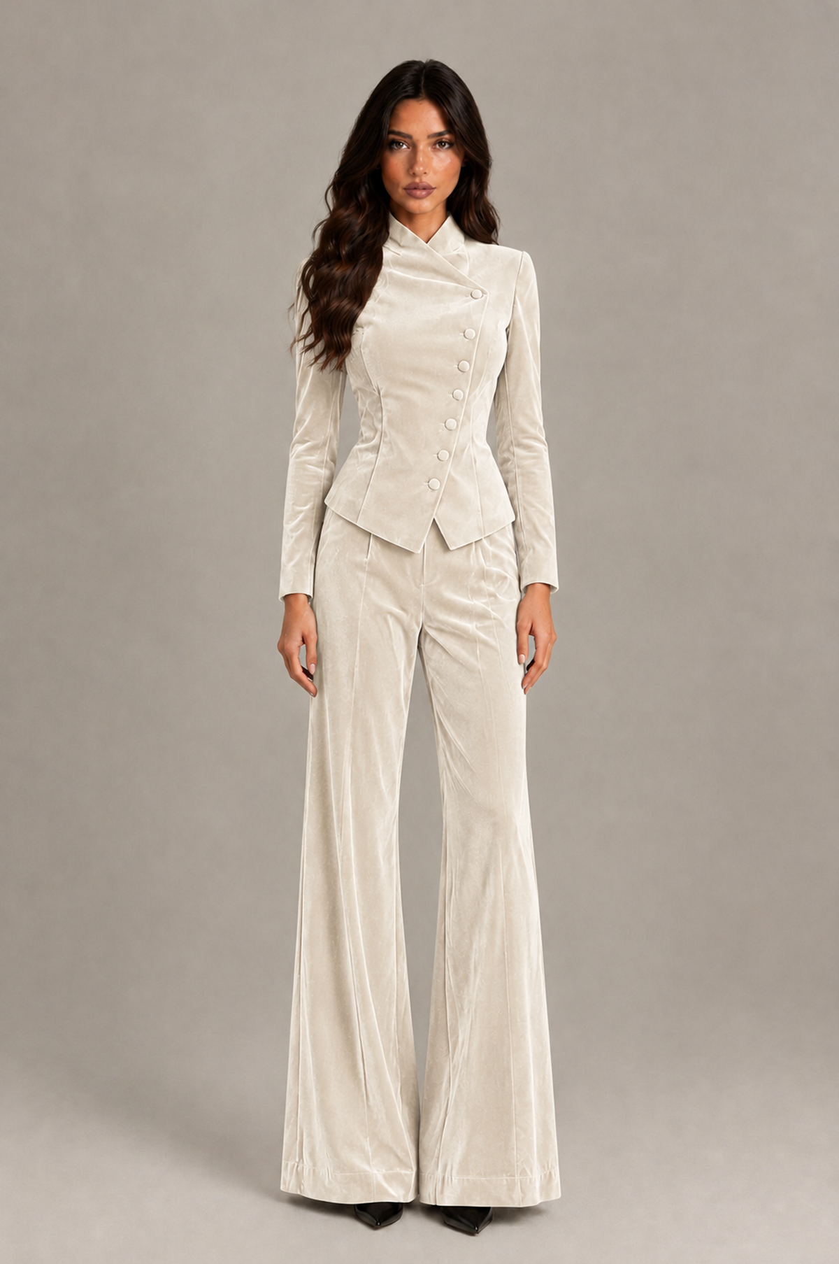 BOLODOO Ivory Velvet Two-Piece Pantsuit with Long Sleeve Blazer & Wide-Leg Trousers - Ivory - Ivory_01