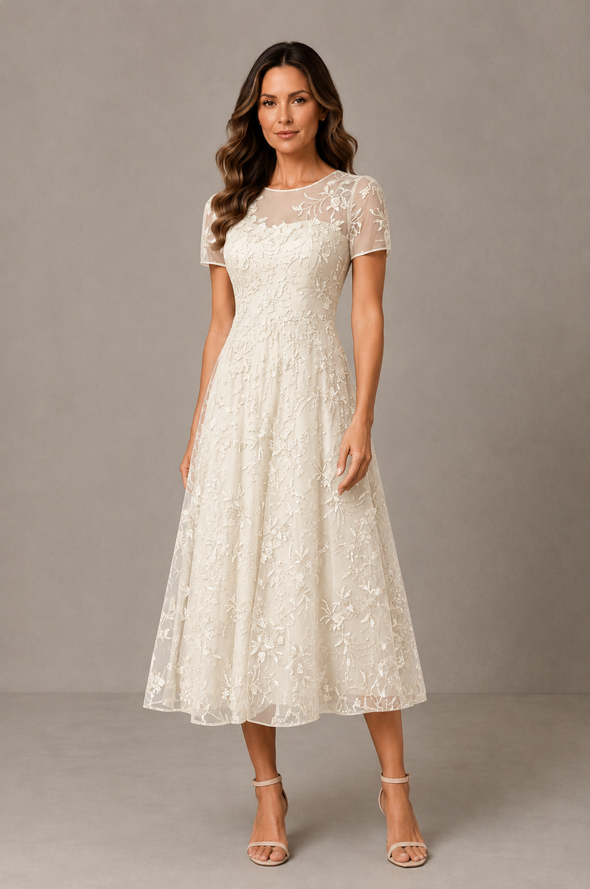 BOLODOO Ivory Textured Floral A-Line Dress with Short Sleeves - Ivory - Ivory_01