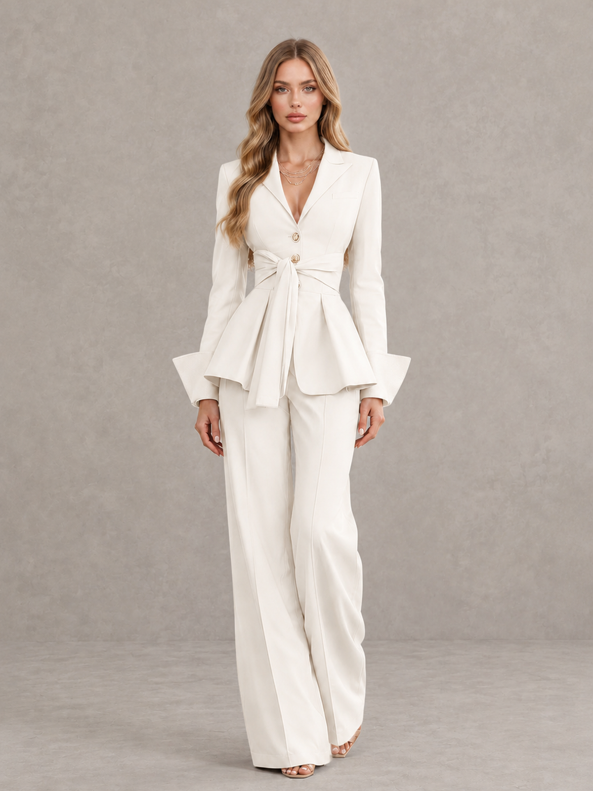 BOLODOO Ivory Belted Peplum Pantsuit with Long Sleeves & Wide-Leg Trousers - Ivory - Ivory_01