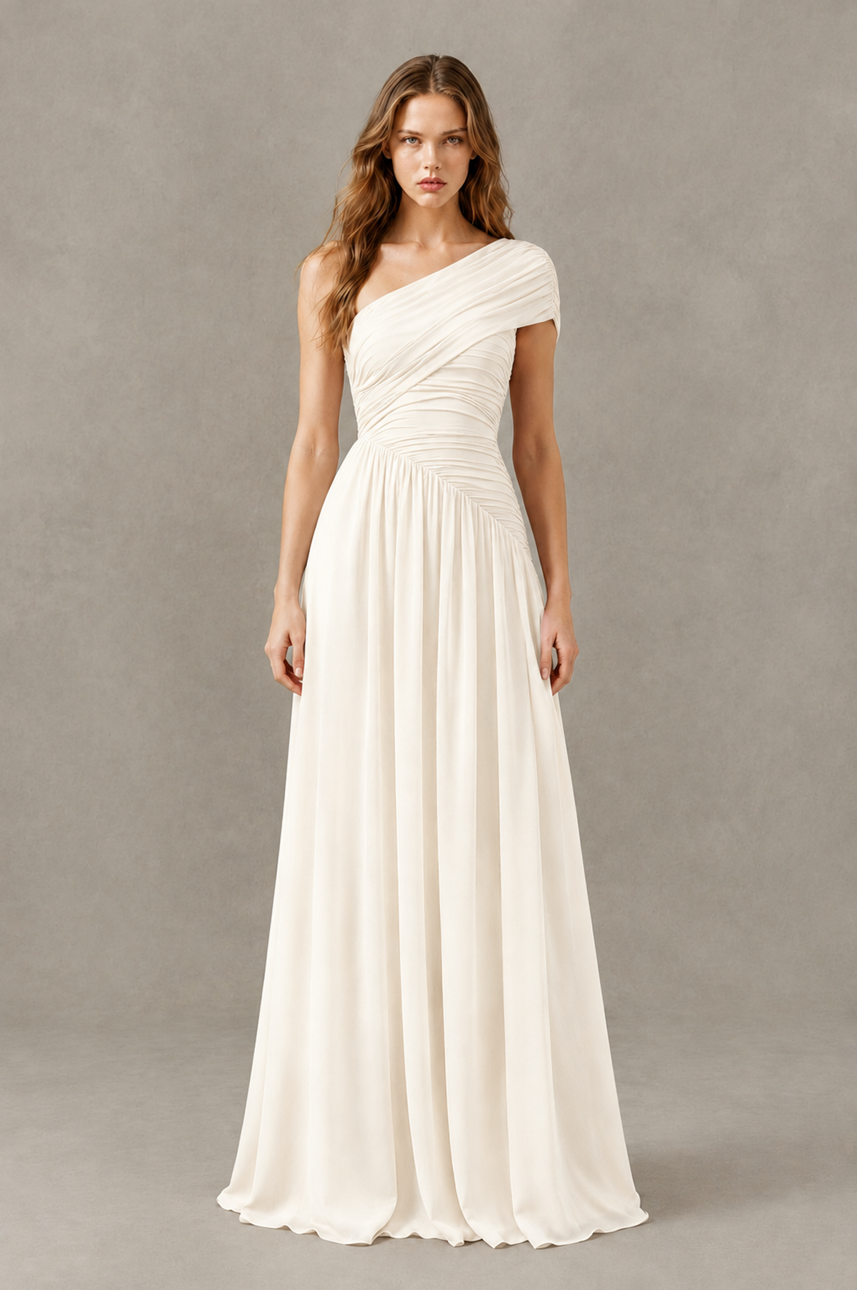 BOLODOO Ivory One-Shoulder Ruched Floor-Length Bridesmaid Dress - Ivory - Ivory_01
