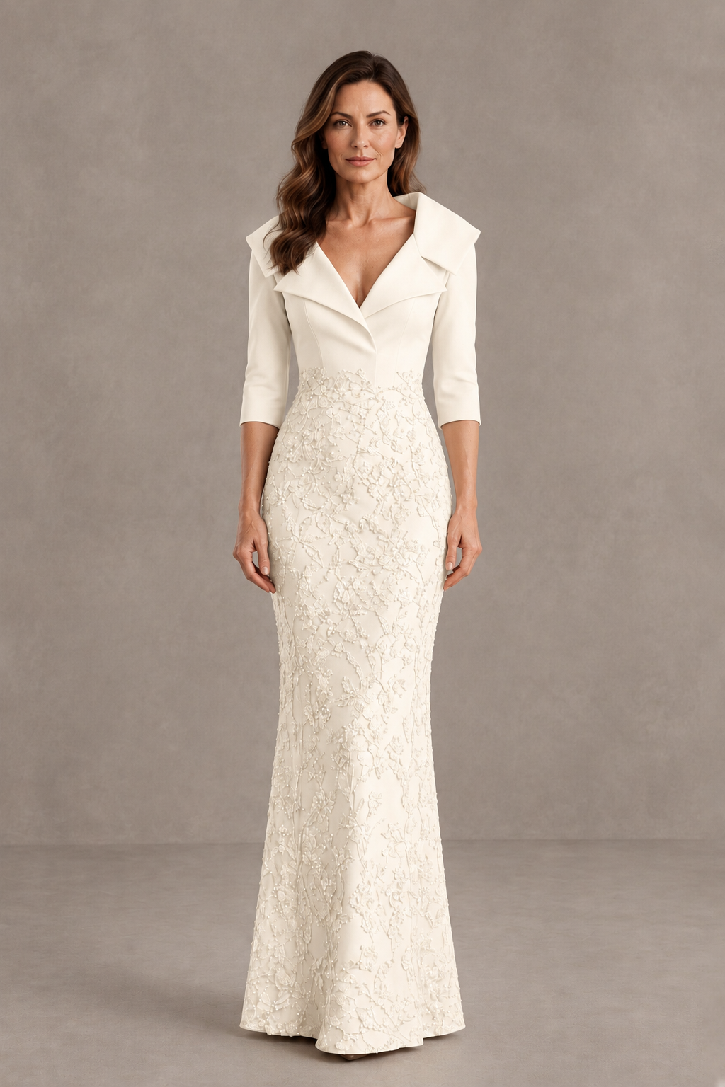 BOLODOO Ivory Three-Quarter Sleeve Mermaid Evening Dress with Floral Detail - Ivory - Ivory_01