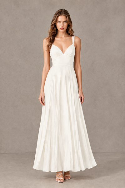BOLODOO Ivory V-Neck Pleated Open-Back Maxi Dress - Ivory - Ivory_01