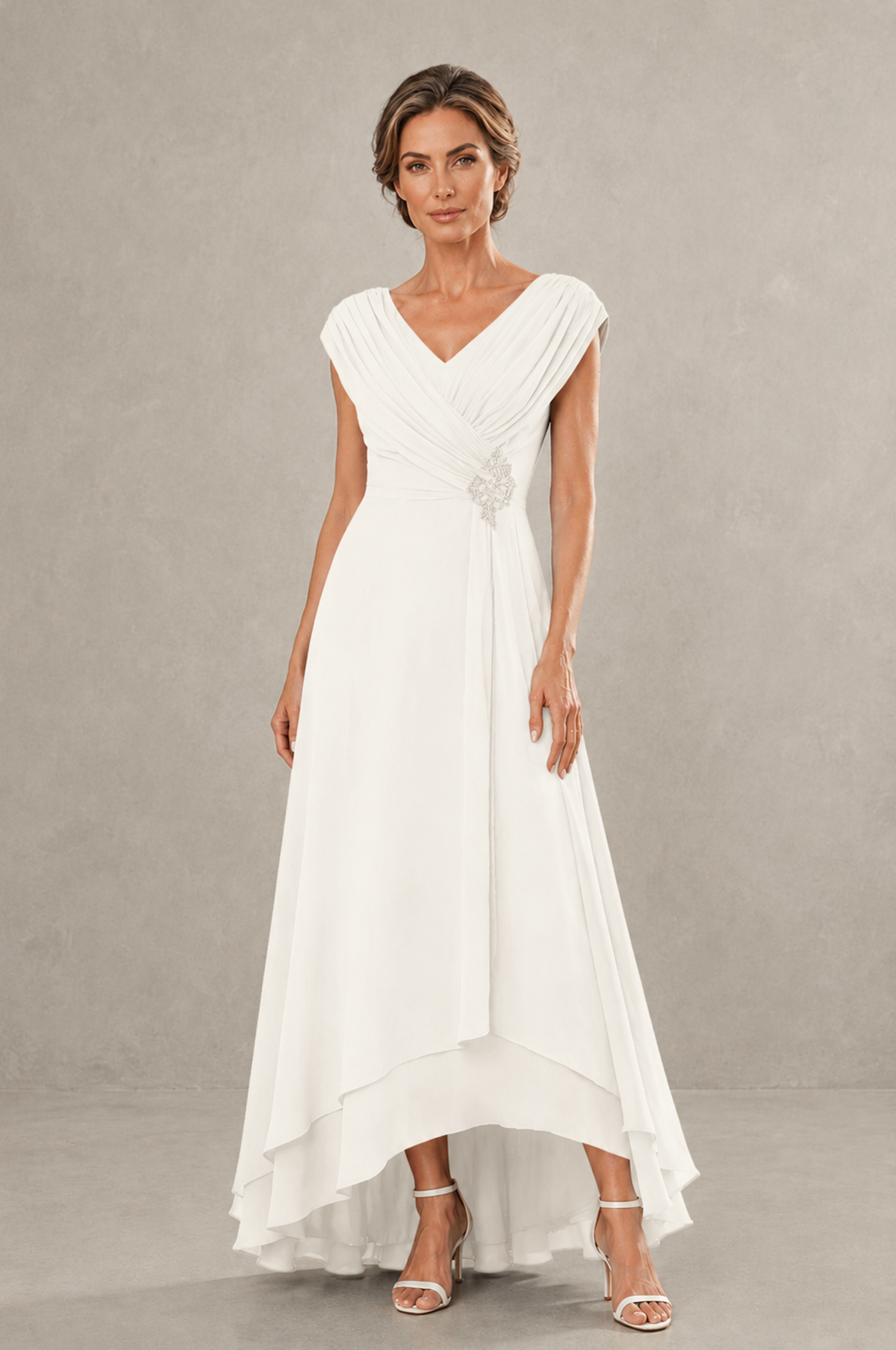 BOLODOO Ivory V-Neck High-Low Mother of the Bride Dress - Ivory - Ivory_01