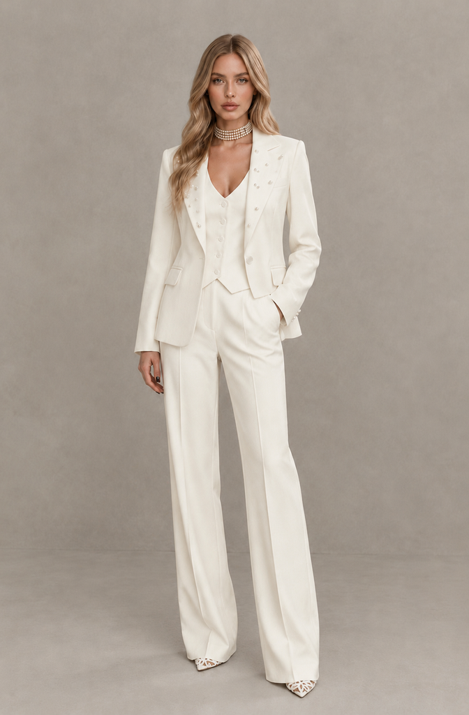 BOLODOO Ivory Women's Three-Piece Pantsuit with Blazer & Vest - Ivory - Ivory_01