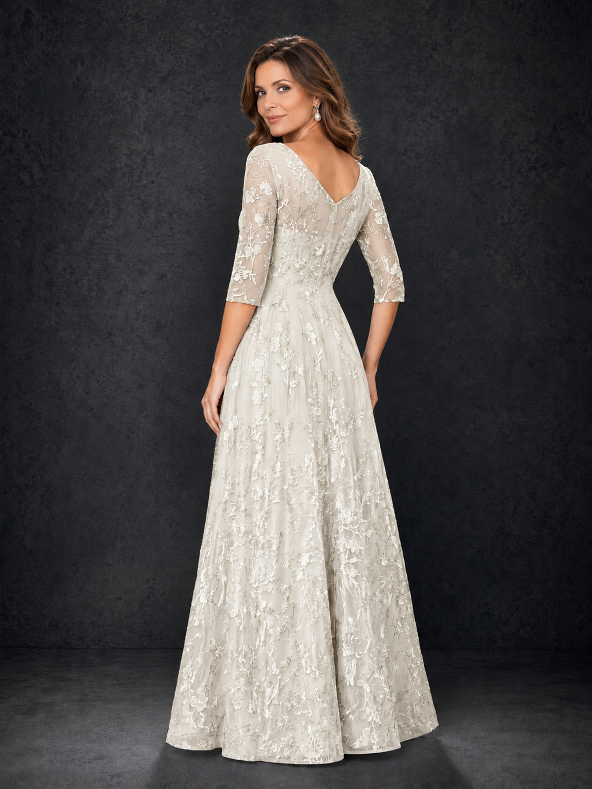 BOLODOO Ivory Illusion Bateau Neck 3/4 Sleeve Floral Lace A-Line Mother of the Bride Dress MX007 - Ivory - Ivory_02