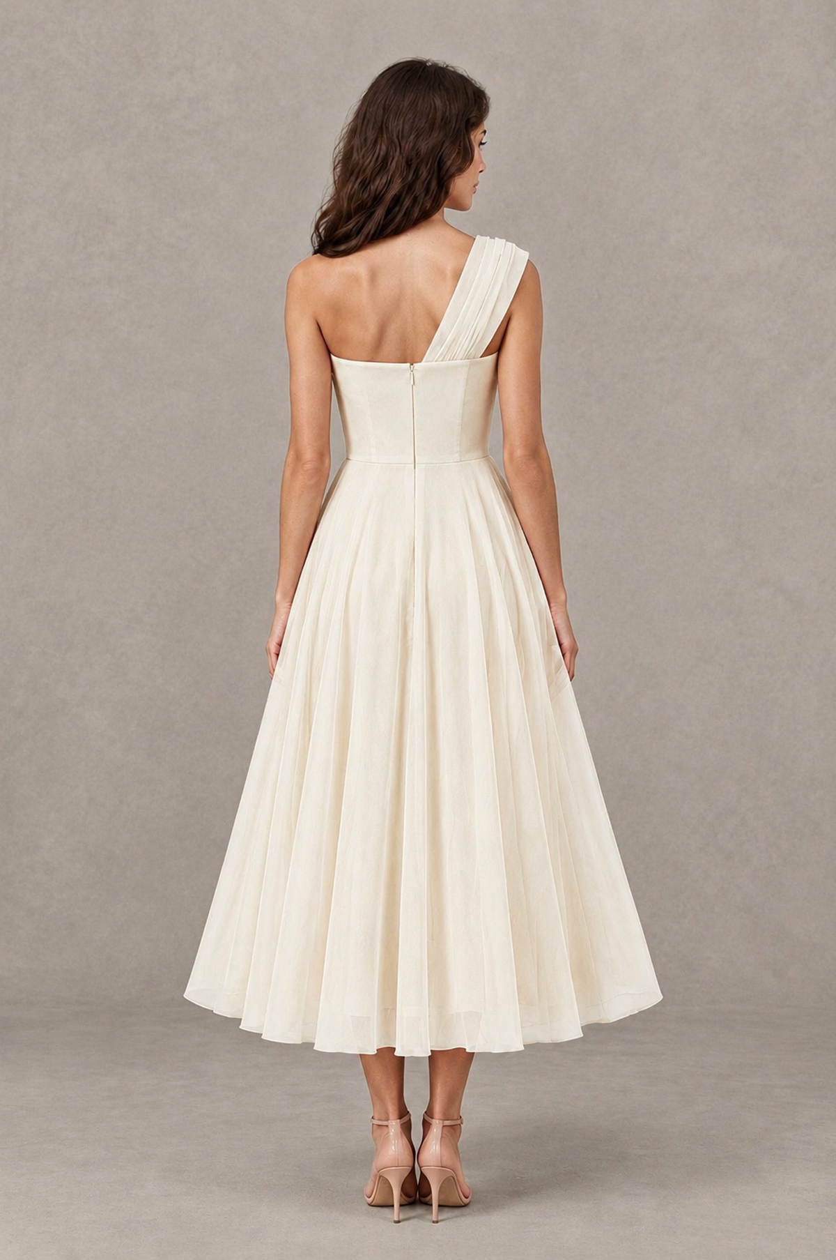 BOLODOO Ivory One-Shoulder Floral Tulle Tea-Length Dress - Ivory - Ivory_02