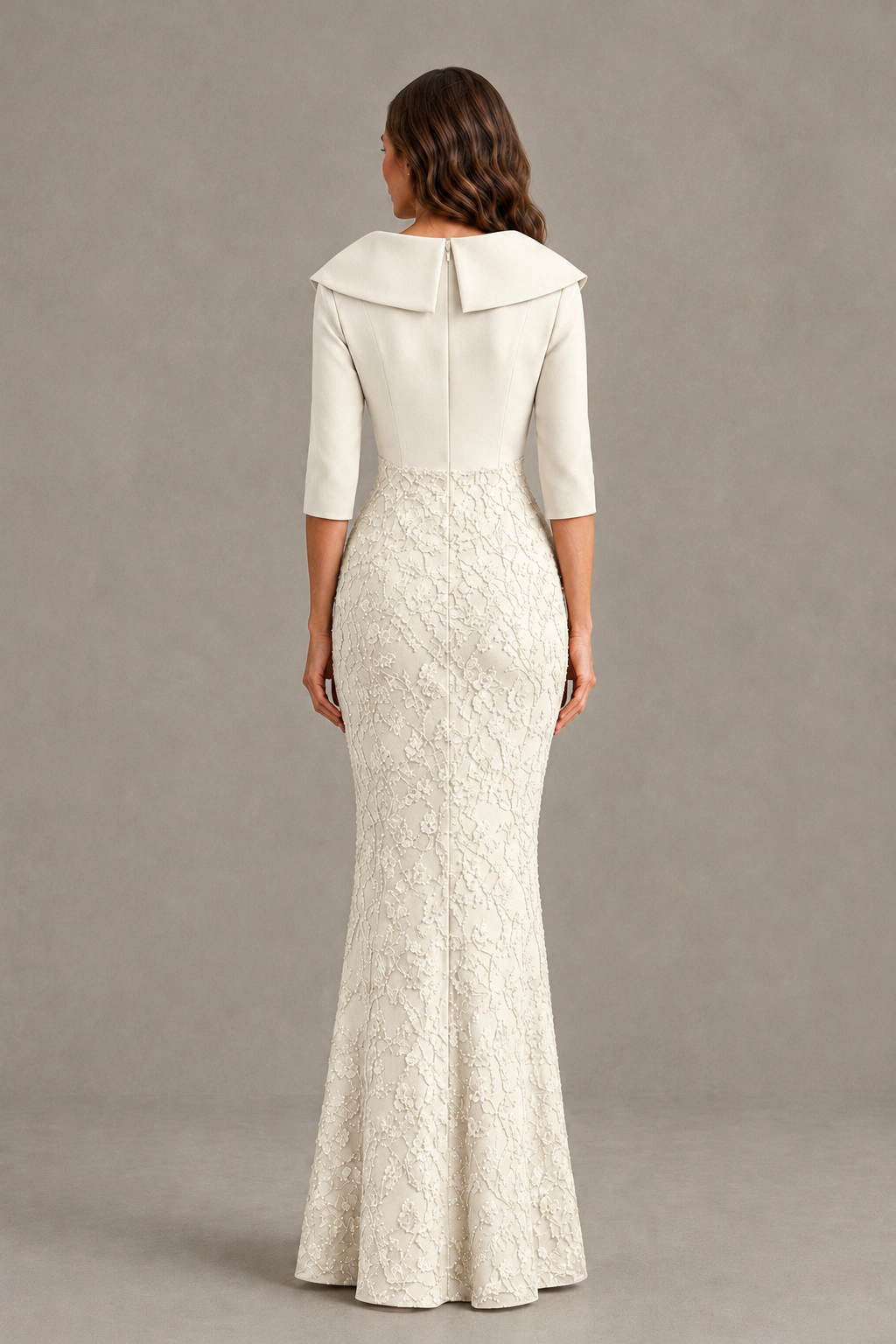 BOLODOO Ivory Three-Quarter Sleeve Mermaid Evening Dress with Floral Detail - Ivory - Ivory_02