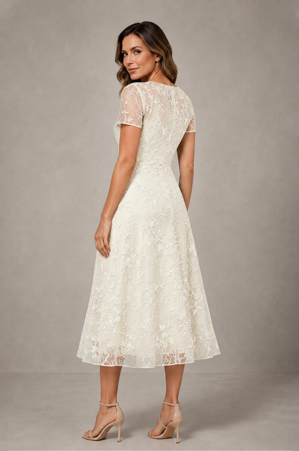 BOLODOO Ivory Textured Floral A-Line Dress with Short Sleeves - Ivory - Ivory_02