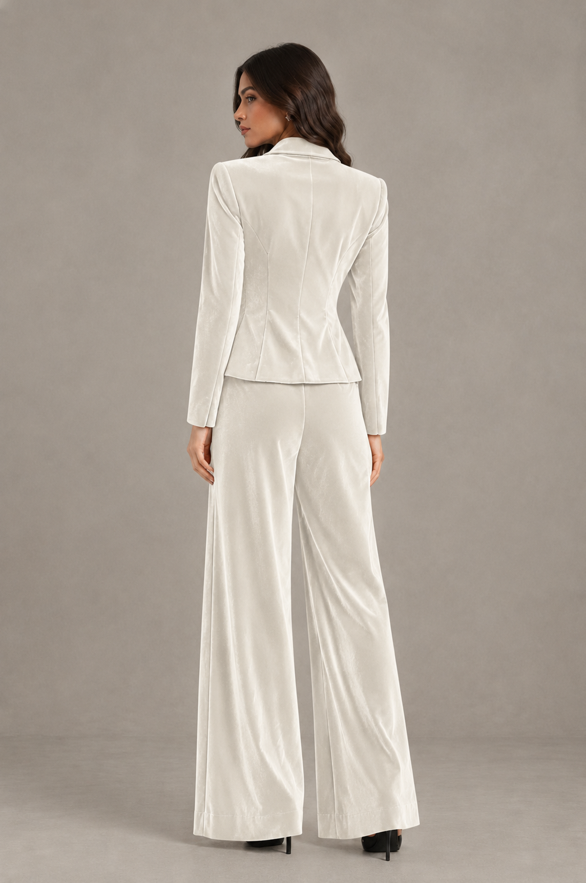 BOLODOO Ivory Velvet Two-Piece Pantsuit with Long Sleeve Blazer & Wide-Leg Trousers - Ivory - Ivory_02