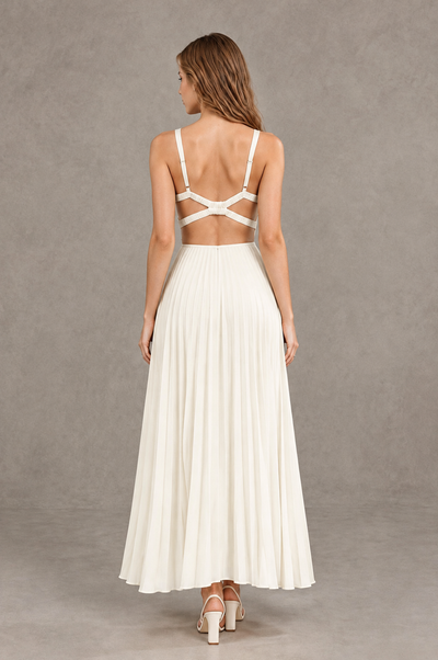 BOLODOO Ivory V-Neck Pleated Open-Back Maxi Dress - Ivory - Ivory_02